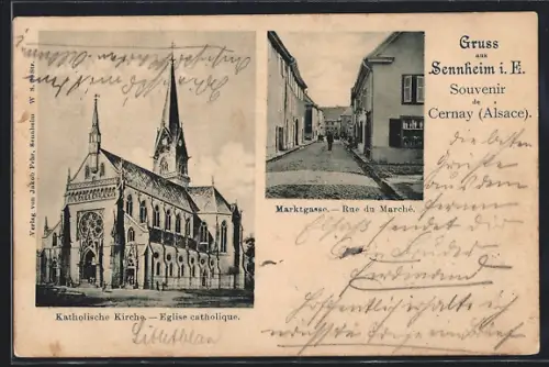 AK Cernay /Alsace, Église catholique et Rue du Marché