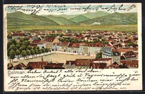 Lithographie Colmar, Vue panoramique de la ville avec montagnes en arrière-plan
