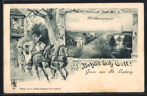 AK St. Ludwig, Mülhauserstrasse, Passepartout mit Postkutsche