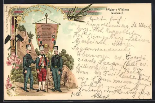 AK Ste Marie-aux-Mines, Groupe de mineurs en uniforme avec bannière décorative