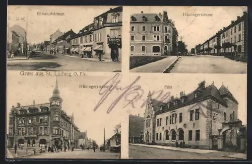 AK St. Ludwig /O. Els, Bahnhofstrasse, Hüningerstrasse, Post