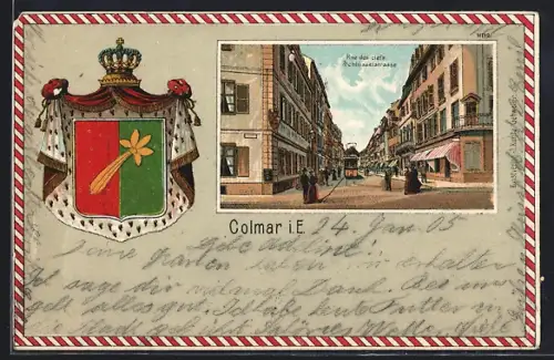 Präge-Lithographie Colmar i. Els., Rue des Clefs et commerces animés