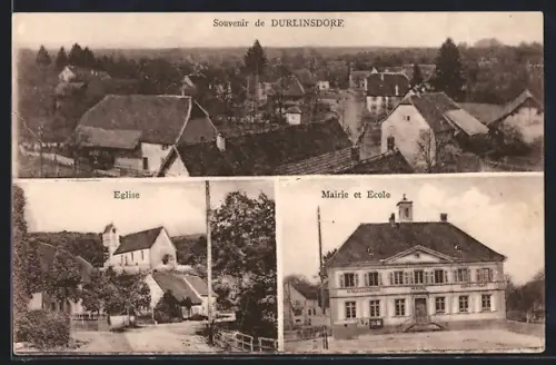 AK Durlinsdorf, Souvenir avec vue du village, église, mairie et école