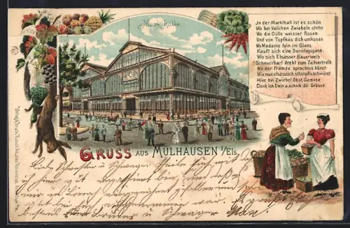 Lithographie Mülhausen /Els., Marktgalle und Händlerinnen