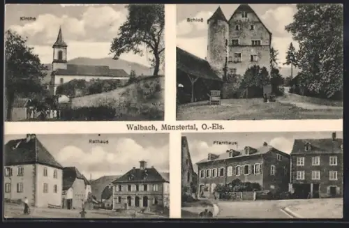 AK Walbach /Münstertal, Kirche, Schloss, Rathaus, Pfarrhaus