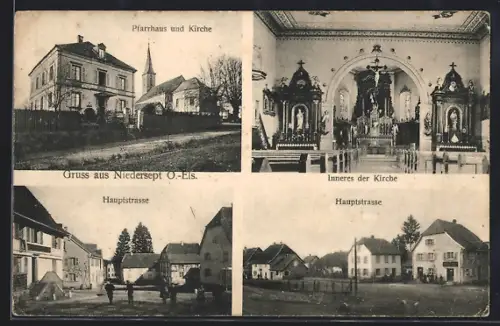 AK Niedersept /O.-Els., Hauptstrasse, Kirche und Pfarrhaus