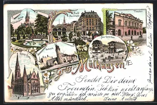 Lithographie Mülhausen i. E., Theater, Markthalle und Kirche