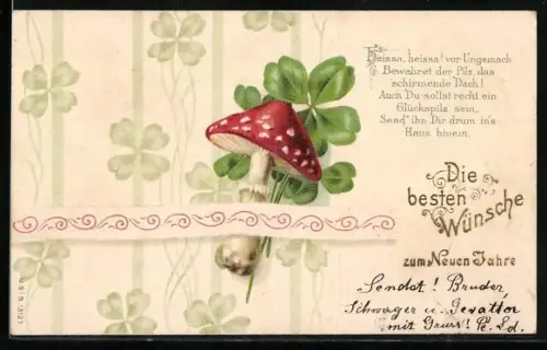 Lithographie Fliegenpilz und Glücksklee, Neujahrsgruss