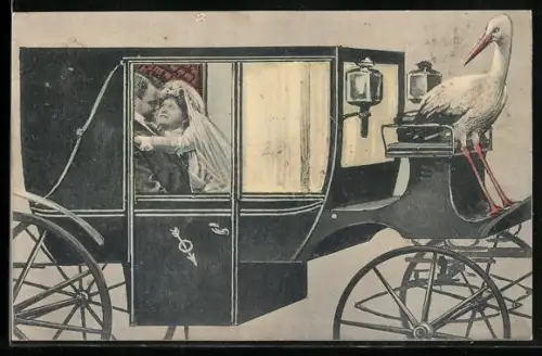 AK Brautpaar in Kutsche, Klapperstorch als Kutscher