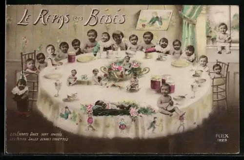 AK Babys an und auf einem gedeckten Tisch