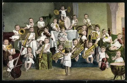 AK Fotomontage, Kinder in einem Orchester voller Blasinstrumente