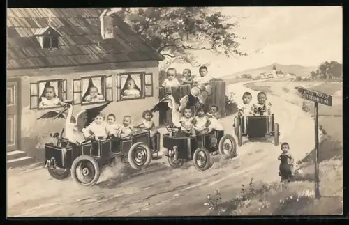 AK Babys mit Klapperstörchen in Autos vor einem Haus, Babys in Fenstern