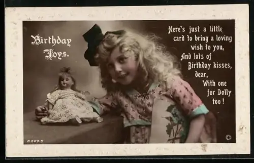Präge-AK Mädchen mit Puppe, Birthday Joys