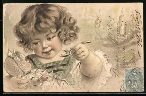 Lithographie Kleines Mädchen füttert seine Puppe
