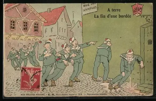 AK Betrunkene Matrosen in der Rue des Nymphes, Urinieren, Erbrechen