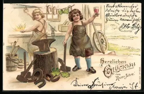 Lithographie Zwei kleine Schmiede mit goldenen Hufeisen und Punschglas, Neujahrsgruss
