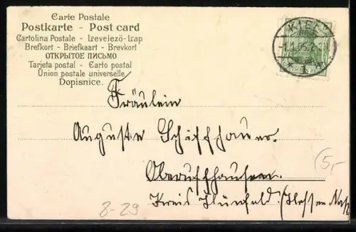 Lithographie Zwei kleine Schmiede mit goldenen Hufeisen und Punschglas, Neujahrsgruss