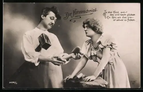 AK Der Herzensschmied, Skeptischer Junggeselle mit Hammer und Herz, Grimmig blickende Dame