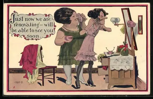 AK Just now we are renovating, Alte Jungfern vor dem Toilettenspiegel