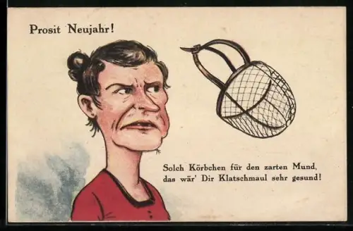AK Weibliches Klatschmaul mit Maulkorb, frauenfeindlicher Humor, Neujahrsgruss