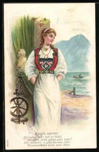 AK Dame in Tracht mit Spinnrad, Spinn Spinn