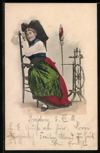 AK Junges Mädchen in Tracht mit Spinnrad