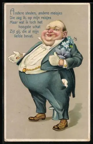 AK Übergewichtiger Frauenheld mit Taschenuhr und Blumen