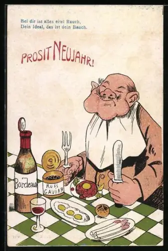 AK Vergnügter Geniesser beim Festmahl mit Wein und Kaviar, Neujahrsgruss