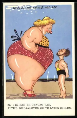 AK Katwijk aan Zee, Dicke Riesendame und schmächtiger Winzling am Strand