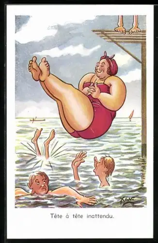 AK Dicke Dame erschrickt Schwimmer mit Sprung ins Wasser