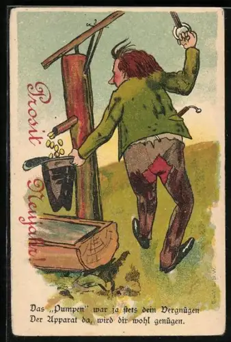 Lithographie Das Pumpen war ja stets dein Vergnügen..., Landstreicher mit Geldpumpe, Neujahrsgruss