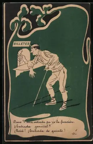 AK Mann mit Stock am Billetverkaufsschalter