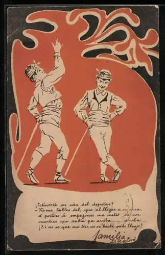 AK Zwei Männer mit Stöcken haben eine Meinungsverschiedenheit