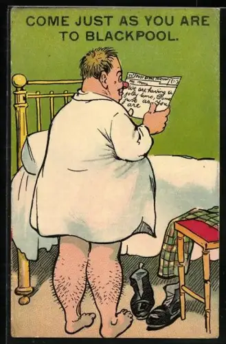 AK Come just as you are to Blackpool, Mann im Nachthemd liest Telegramm