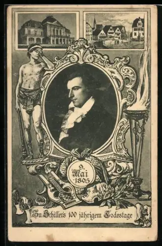 AK Friedrich Schiller, zum 100jährigen Todestag 09.05.1805, Portrait, Harfe, Muschel