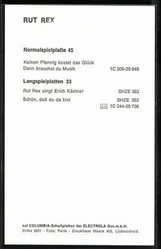 AK Musikerin Rut Rex in die Kamera blickend, Autograph