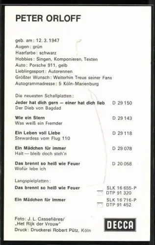 AK Musiker Peter Orloff mit offenem Hemd, Autograph