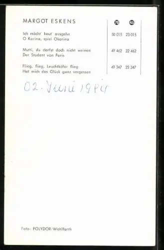 AK Musikerin Margot Eskens, Portrait im Halbprofil, Autograph