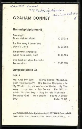 AK Musiker Graham Bonney mit Topfhaarschnitt, Autograph