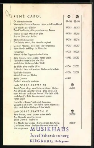 AK Musiker Renè Carol fragend zur Seite schauend, Autograph