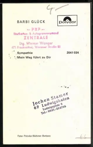 AK Musikerin Barbi Glück im Porträt, Autograph