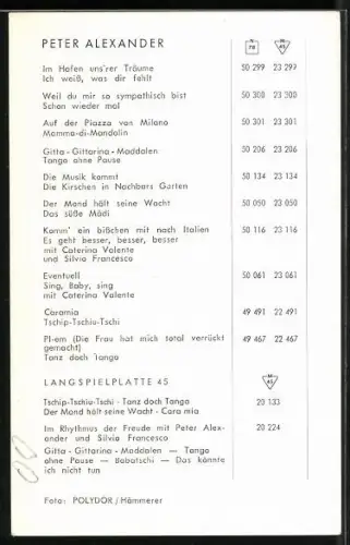 AK Musiker Peter Alexander schaut seitlich, Autograph