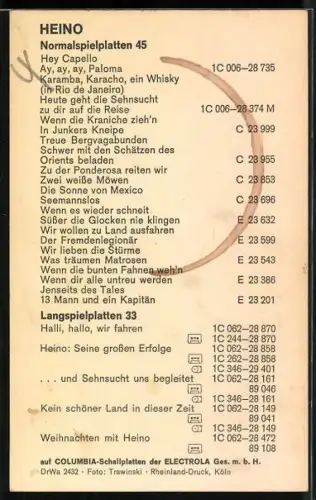 AK Musiker Heino im Rollkragenpullover, Autograph