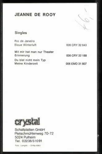 AK Musikerin Jeanne de Rooy im Porträt, Autograph