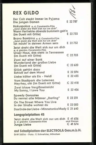 AK Musiker Rex Gildo lächelnd im Porträt, Autograph