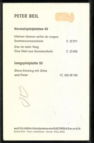 AK Musiker Peter Beil mit Koteletten, Autograph