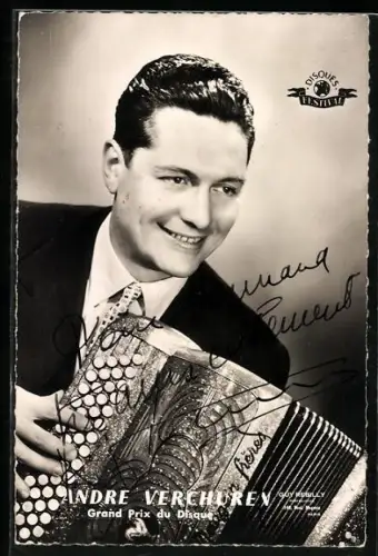 AK Musiker Andre Verchuren mit Akkordeon, Autograph