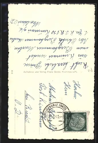 AK Krummau a. M., Ortsansicht mit Brücke und Kirche