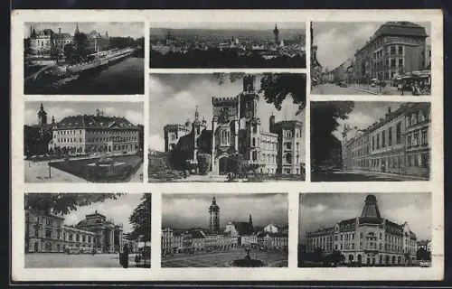 AK Budweis, Flusspartie, Strassenpartie mit Bussen