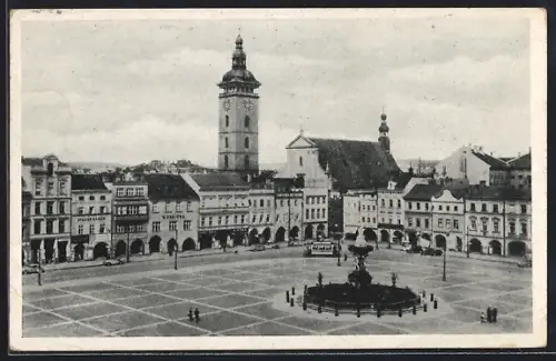 AK Budweis, Marktplatz mit Strassenbahn